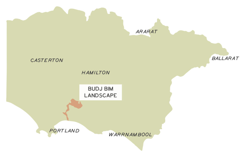 Map of the Glenelg Hopkins region, indicating the location of the Budj Bim landscape.