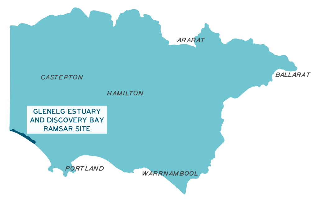 Map of the Glenelg Hopkins region, depicting location for the Glenelg Estuary and Discovery Bay Ramsar Site.