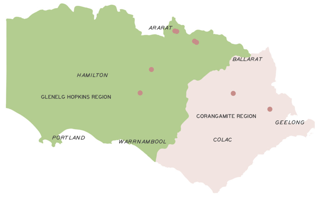 Map of the Glenelg Hopkins region and the Corangamite region, indicating the location of remnant button wrinklewort populations.