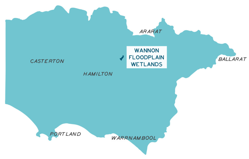 Map - Glenelg Hopkins region, depicting the location of the Wannon floodplain wetlands
