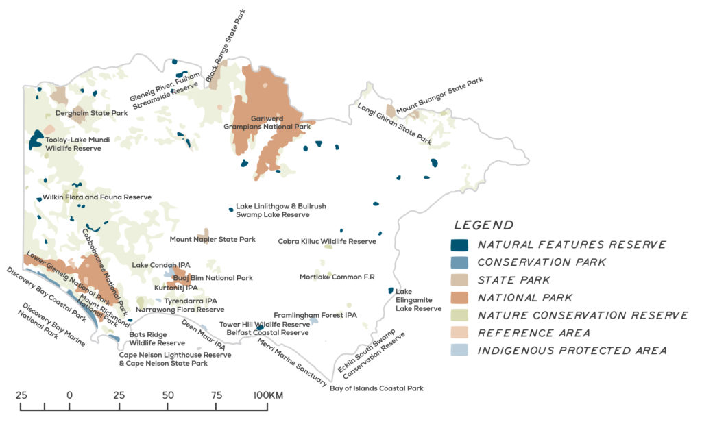 Map - the Glenelg Hopkins region, indicating the location of conservation reserves.